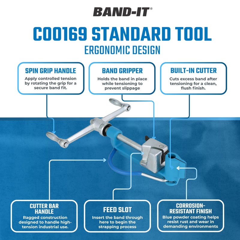 BAND-IT أداة الربط القياسية BAND-IT C00169 - عرض 1/4" إلى 3/4" (سمك 0.015" - 0.030") من سبائك، مجلفن وفولاذ مقاوم للصدأ مع مشد للربط ومقص مدمج للتطبيقات الصناعية - Image 4